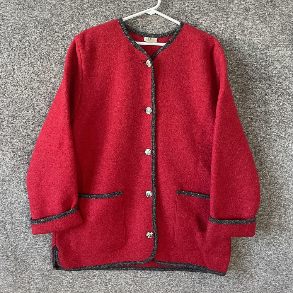 L.L. Bean Red Wool Blend Button Jacket with Dark Trim